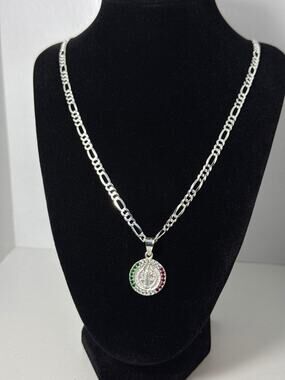 925 Sterling Silver San Benito Medal Pendant Figaro Chain Necklace 22" Italy